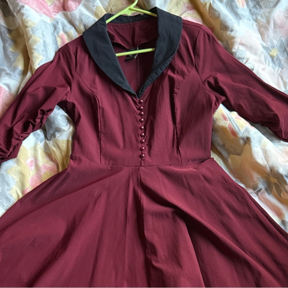Gown Town Burgundy Retro Swing Dress with Black Collar